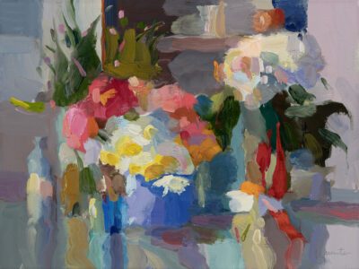 SOLD - Christine Lafuente, Buttercups, Waxflower, Daffodils and Peonies, Oil on linen, 12 x 16 inches