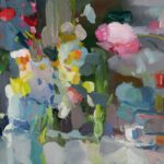 Christine Lafuente, Campanula, Pink Waxflowers, and Daffodils, 2024, Oil on linen, 18 x 24 inches