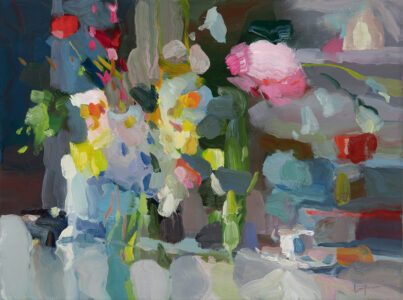 Christine Lafuente, Campanula, Pink Waxflowers, and Daffodils, 2024, Oil on linen, 18 x 24 inches