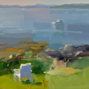 SOLD - Christine Lafuente, Chair and Boat, Summer Morning, Oil on linen, 12 x 12 inches