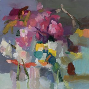 Christine Lafuente, Cherry Blossom, Daffodils, and Enamel Pot, 2024, Oil on linen, 12 x 12 inches