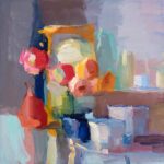 Christine Lafuente, Clock and Pink Buttercup, 2024, Oil on linen, 14 x 14 inches