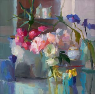 SOLD - Christine Lafuente, Cornflower, Peonies, and Buttercups, Oil on linen, 20 x 20 inches