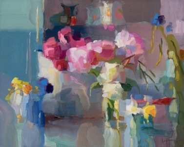 Christine Lafuente, Cornflowers, Buttercups, and the Last Daffodils, 2024, Oil on linen, 16 x 20 inches