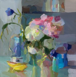 SOLD - Christine Lafuente, Cornflowers, Peonies, and Lemon, Oil on linen, 16 x 16 inches