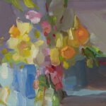 Christine Lafuente, Daffodils, Waxflowers, and Blue Pots, 2024, Oil on linen, 11 x 14 inches