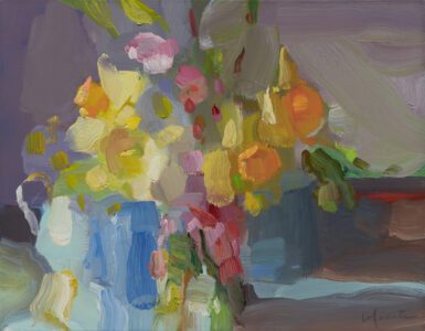 Christine Lafuente, Daffodils, Waxflowers, and Blue Pots, 2024, Oil on linen, 11 x 14 inches