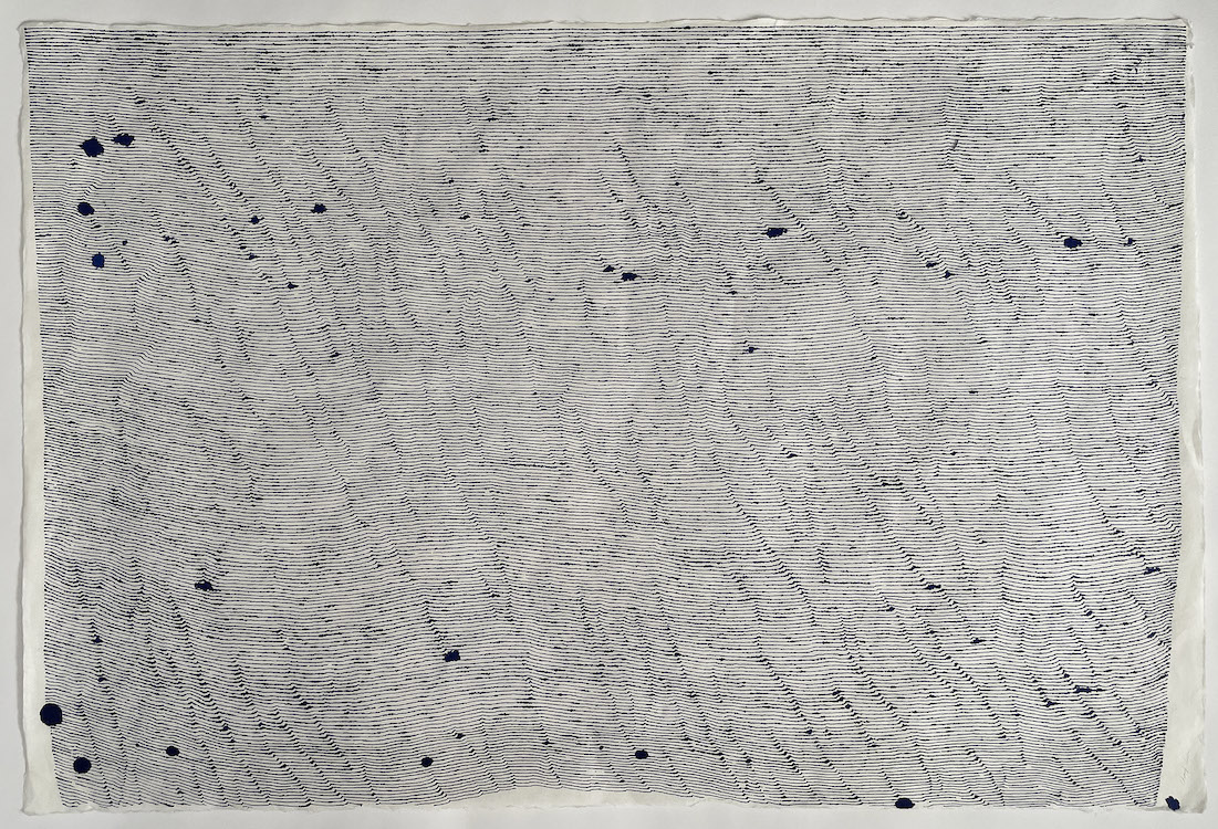 Cheryl Levin, Dark Blue Lines on a Page with Dots, 2025, Ink on rice paper, 25 x 38 1/2 inches
