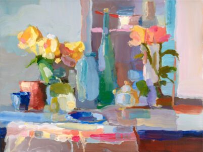 SOLD - Christine Lafuente, Garden Roses and Tea Towel, Oil on canvas, 18 x 24 inches