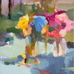 Christine Lafuente, Hydrangea and Zinnias, 2024, Oil on linen, 16 x 16 inches