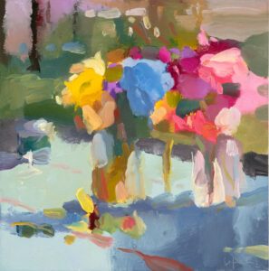 Christine Lafuente, Hydrangea and Zinnias, 2024, Oil on linen, 16 x 16 inches