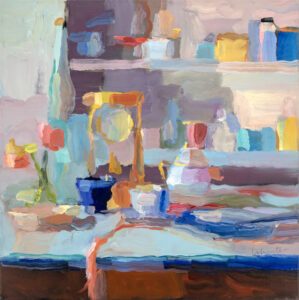 Christine Lafuente, Painter's Cabinet with Clock and Sugar Bowl, 2024, Oil on linen, 20 x 20 inches