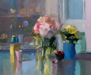 SOLD - Christine Lafuente, Peonies, Begonias, Cherries, and Pink Cup, Oil on linen, 30 x 36 inches