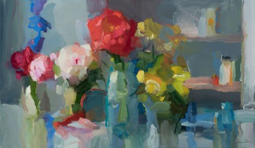 SOLD - Christine Lafuente, Peonies, Delphinium, and Yellow Begonias, Oil on linen, 14 x 24 inches
