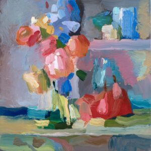 SOLD - Christine Lafuente, Pink Buttercup and Red Pear, Oil on linen, 12 x 12 inches