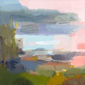 Christine Lafuente, Pink Dawn, Meadow and Harbor, 2024, Oil on linen, 16 x 16 inches