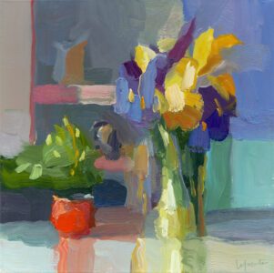 SOLD - Christine Lafuente, Red Cup with Iris Bouquet, Oil on linen, 16 x 16 inches