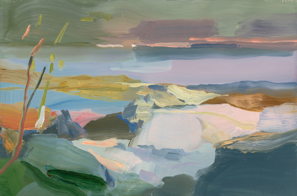 Christine Lafuente, Reeds and Rocks Along the Shore, 2024, Oil on linen, 12 x 16 inches