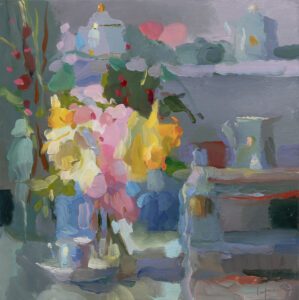 SOLD - Christine Lafuente, Waxflowers, Daffodils, Cherry Blossoms, and Cabinet, Oil on linen, 20 x 20 inches