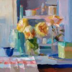 Christine Lafuente, Yellow Blush Garden Roses and Berry Cartons, 2024, Oil on linen, 24 x 24 inches