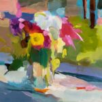 Christine Lafuente, Zinnias, Cosmos and Dahlias, 2024, Oil on linen, 12 x 16 inches