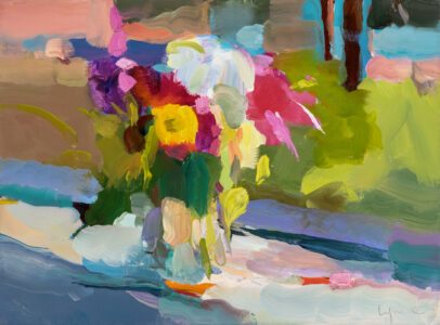 Christine Lafuente, Zinnias, Cosmos and Dahlias, 2024, Oil on linen, 12 x 16 inches