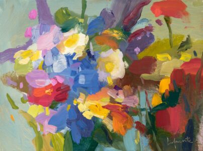 SOLD - Christine Lafuente, Zinnias and Delphinium, Oil on canvas, 9 x 12 inches