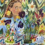 Elizabeth Endres, Chevron, Staffordshire, Flower Frog, 2025, Oil on canvas, 16 x 16 inches