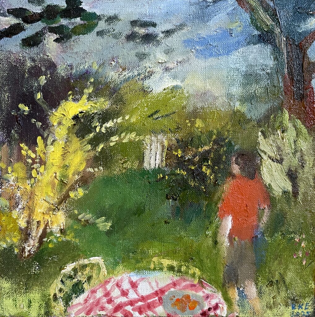 SOLD - Elizabeth Endres, Forsythia Garden, 2025, Oil on canvas, 8 x 8 inches