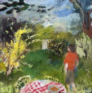 SOLD - Elizabeth Endres, Forsythia Garden, 2025, Oil on canvas, 8 x 8 inches