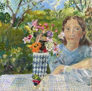 SOLD - Elizabeth Endres, Harlequin Cup Hundreds of Dots, 2025, Oil on canvas, 16 x 16 inches