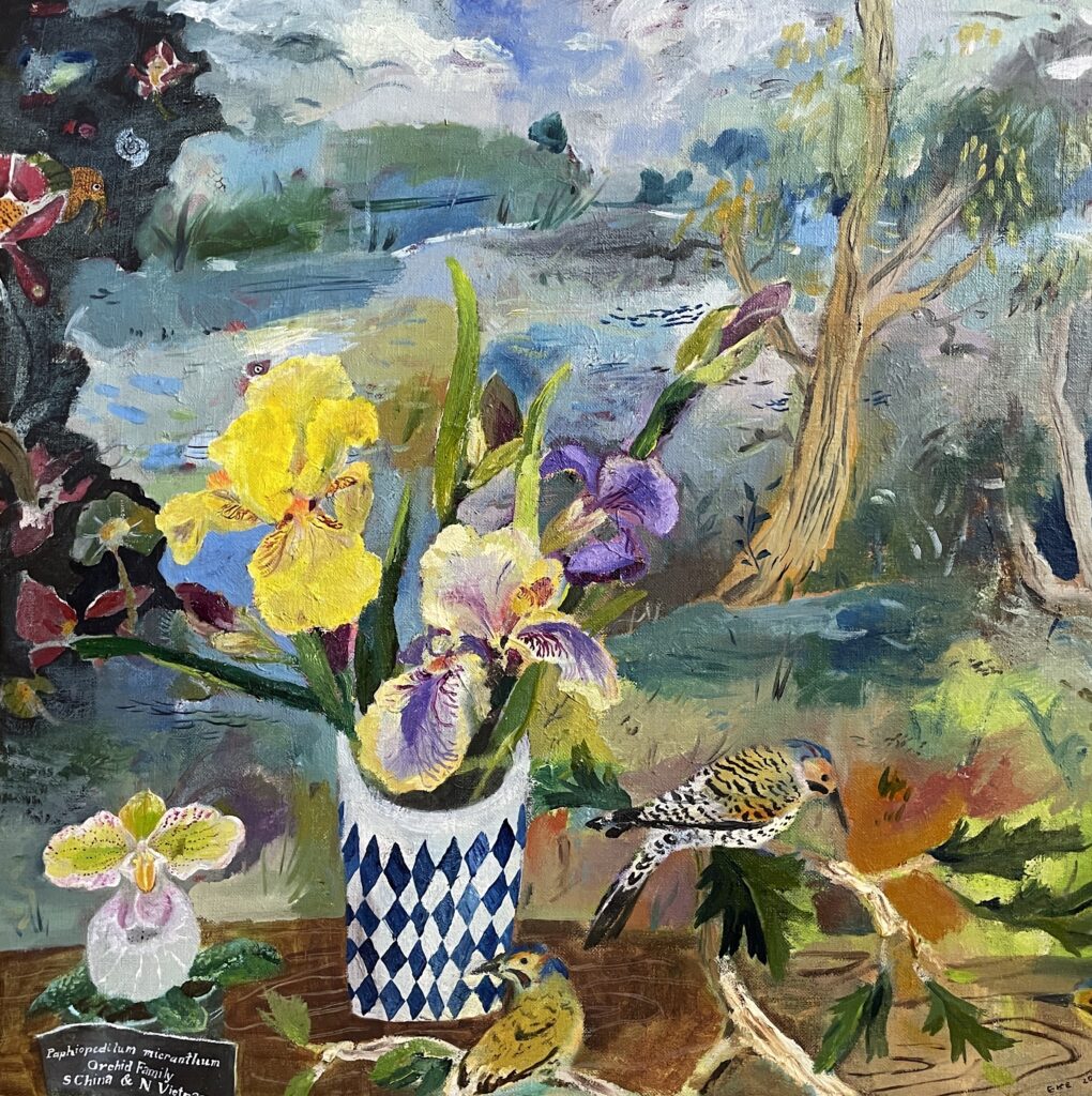 SOLD - Elizabeth Endres, Iris Orchid Birds, 2025, Oil on canvas, 18 x 18 inches