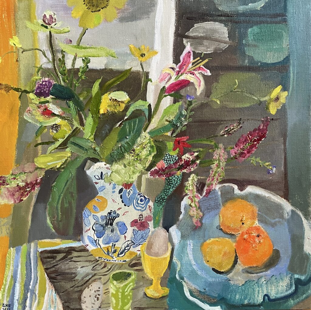 SOLD - Elizabeth Endres, Oranges, Eggs, Jug of Plants, 2025, Oil on canvas mounted on board, 18 x 18 inches