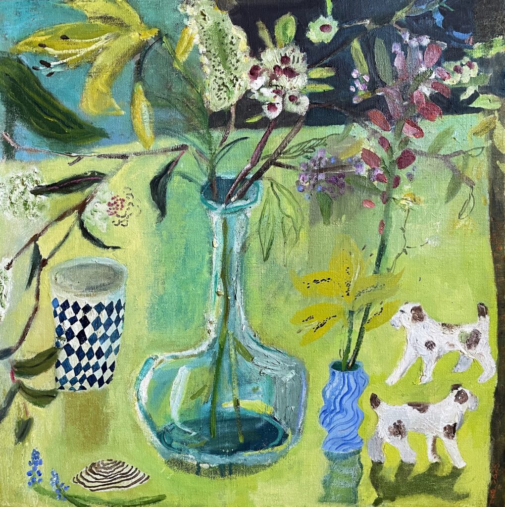 SOLD - Elizabeth Endres, Two Dogs and Citron Table, 2025, Oil on canvas mounted on board, 18 x 18 inches