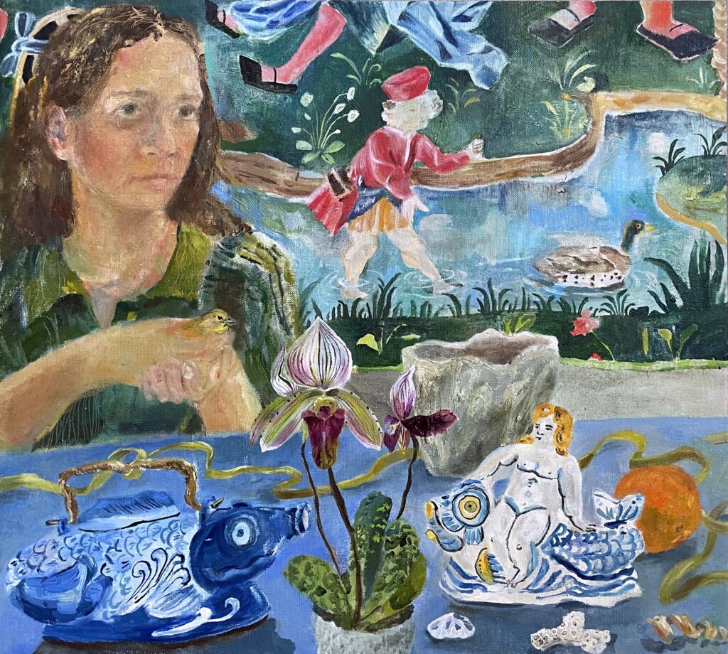 SOLD - Elizabeth Endres, Blue Fish and Fishing, Feet and Shells, 2025, Oil on canvas, 18 x 20 inches