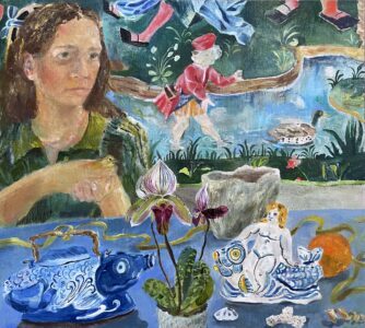 SOLD - Elizabeth Endres, Blue Fish and Fishing, Feet and Shells, 2025, Oil on canvas, 18 x 20 inches