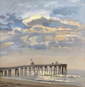 Giovanni Casadei, Sunrise at the Fishing Pier, 2024, Oil on panel, 12 ¾ x 12 inches
