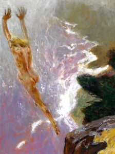 Jamie Wyeth, Leap - Twentieth in a Suite of Untoward Occurrences on Monhegan Island, 2025, Oil and acrylic on board, 39 x 29 1/4 inches