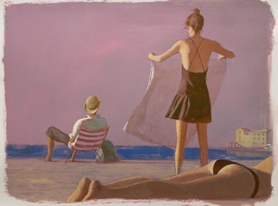 Bo Bartlett, Beach Scene (Leaving), 2024, Gouache on paper, 22 1/2 x 30 inches