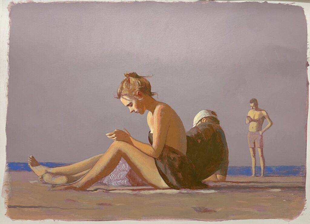 Bo Bartlett, Beach Scene (Texting), 2024, Gouache on paper, 22 1/2 x 30 inches