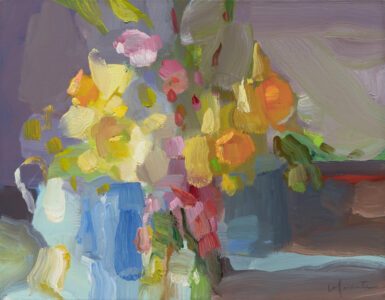 Christine Lafuente, Daffodils, Waxflowers, and Blue Pots, Oil on linen, 11 x 14 inches