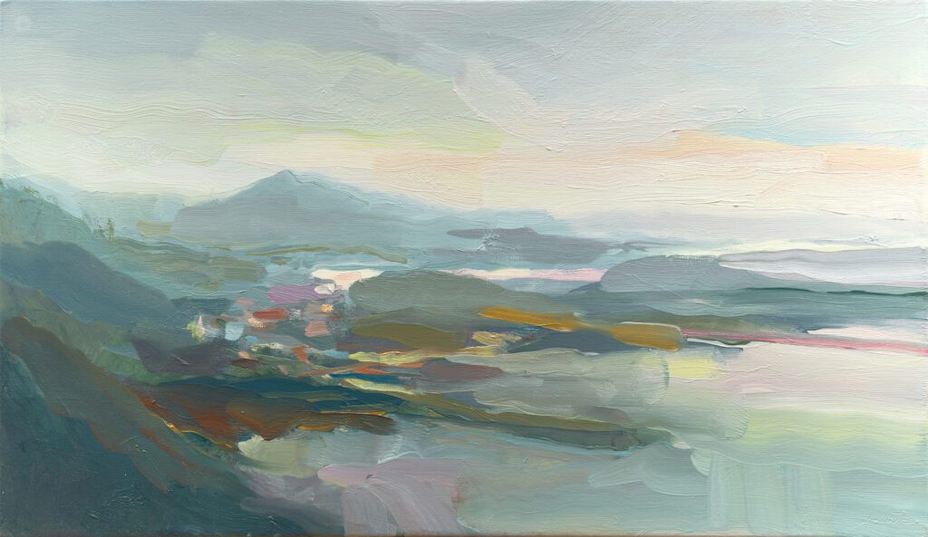 Christine Lafuente, Island at Dawn, USVI, Oil on linen, 14 x 24 inches