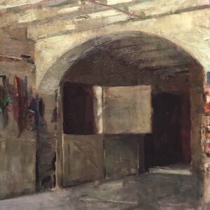 - SOLD - Jon Redmond, Barn Interior, 2025, Oil on board, 10 x 10 inches
