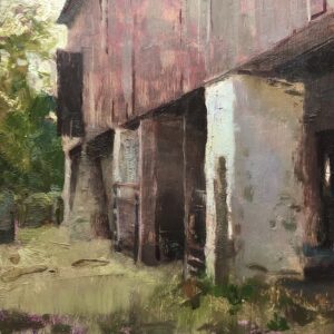 - SOLD - Jon Redmond, Burnt Mill Barn, 2025, Oil on board, 10 x 10 inches