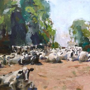 Jon Redmond, Cows Laying in the Sun, 2025, Gouache on paper, 8 x 8 inches