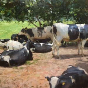 - SOLD - Jon Redmond, Cows Under Tree, 2025, Oil on board, 17 x 17 inches