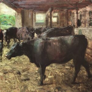 - SOLD - Jon Redmond, Cows in a Barn, 2025, Oil on board, 10 x 10 inches