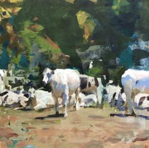 - SOLD - Jon Redmond, Cows in the Sun, 2025, Gouache on paper, 8 x 8 inches