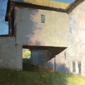 - SOLD - Jon Redmond, Evening Light on a Barn, 2025, Oil on board, 17 x 17 inches