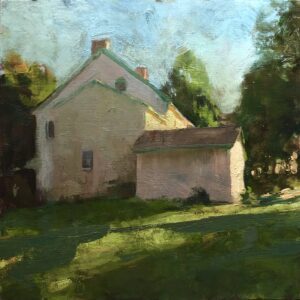 - SOLD - Jon Redmond, Farmhouse Summer, 2025, Oil on board, 10 x 10 inches